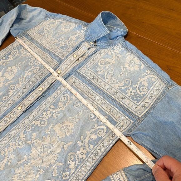 Free People We The Free Blue Denim Lace Embroidered Button-Down Shirt, size XS - Picture 6 of 8